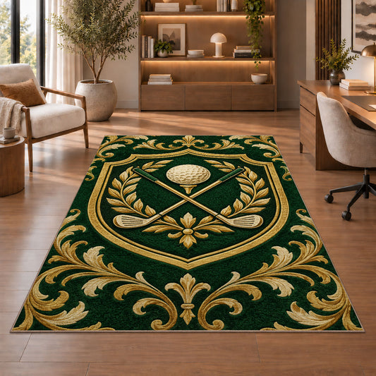 Golf club crest rug in a home office with wooden shelves