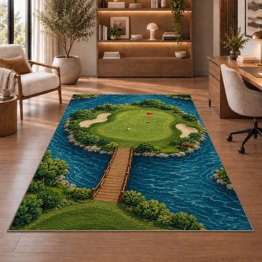Island green rug in a home office with wooden shelves