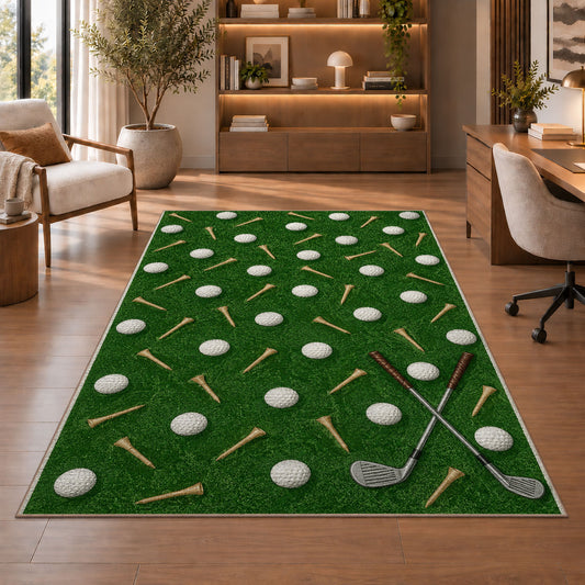 Golf balls and tees rug in a home office with wooden shelves