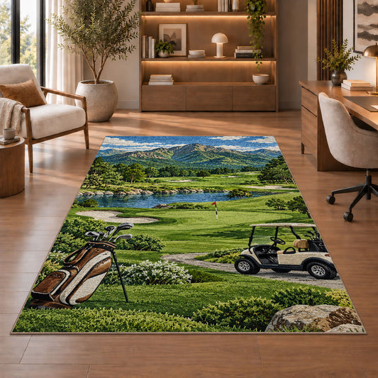 Mountain golf course rug in a home office with wooden shelves