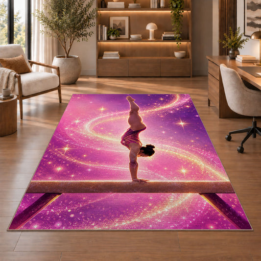 Gymnastics Balance Beam Rug in a home office with wooden shelves