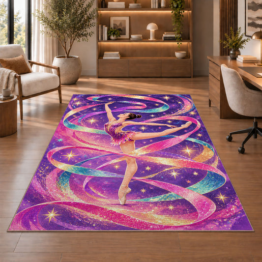 Rhythmic Gymnastics Ribbon Rug in a home office with wooden shelves