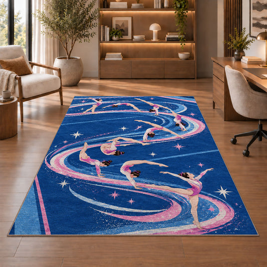 Gymnastics Tumbling Rug in a home office with wooden shelves