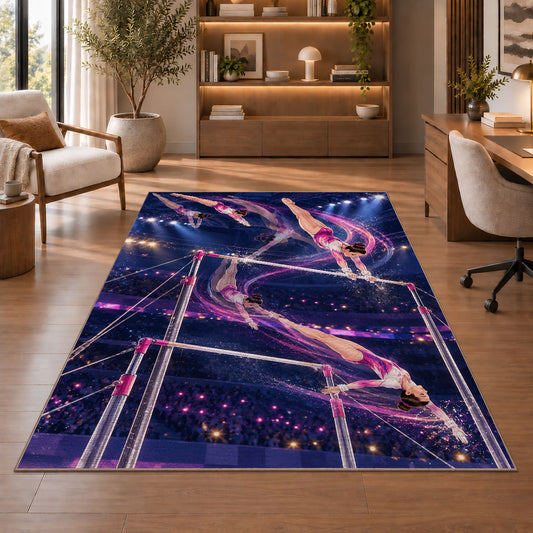 Uneven Bars Gymnastics Rug in a home office with wooden shelves