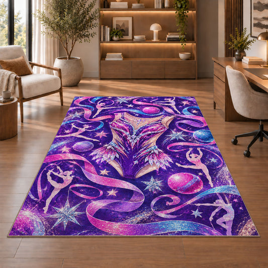 Sparkly Leotard Rug in a home office with wooden shelves