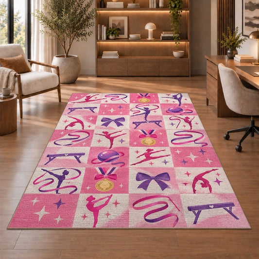 Pink Checkered Gymnastics Rug in a home office with wooden shelves