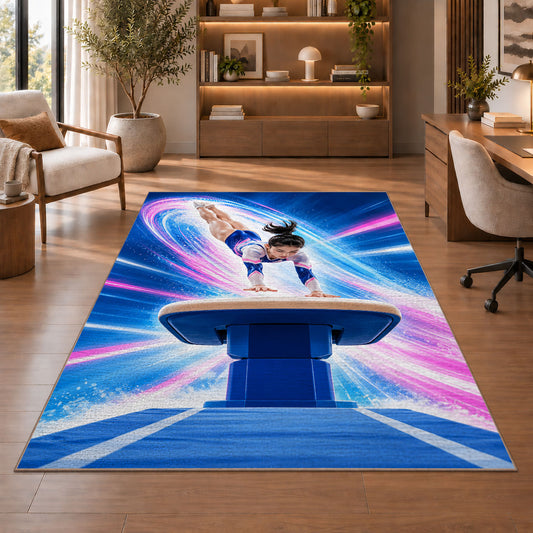 Gymnastics Vault Rug in a home office with wooden shelves