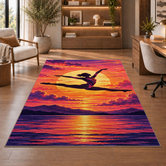Gymnast Sunset Leap Rug in a home office with wooden shelves