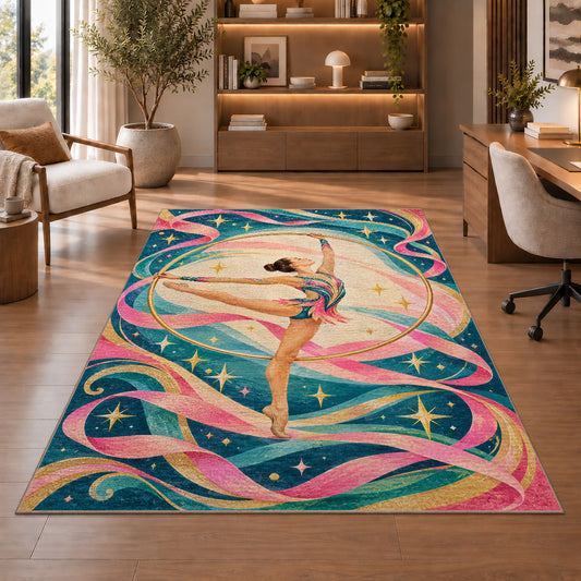 Rhythmic Gymnastics Hoop Rug in a home office with wooden shelves