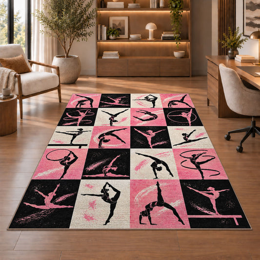 Gymnastics Poses Grid Rug in a home office with wooden shelves