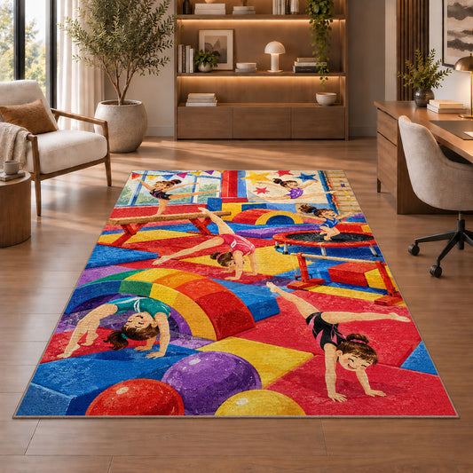 Kids Gymnastics Gym Rug in a home office with wooden shelves
