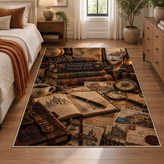 Writer's Desk Vintage Book Area Rug shown in room setting, view 1