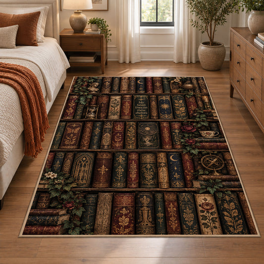 Antique Bookshelf Pattern Area Rug shown in room setting, view 1