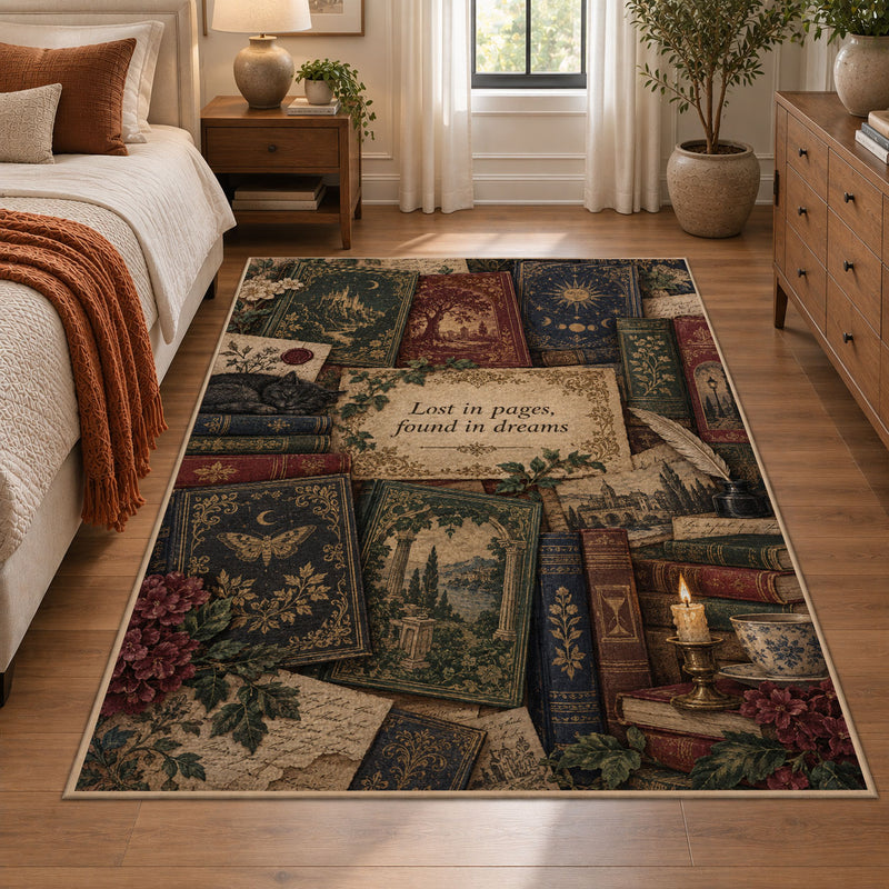 Botanical Vintage Books Area Rug shown in room setting, view 1