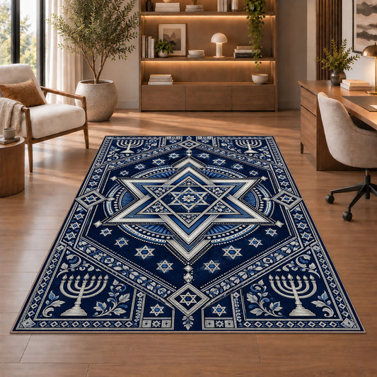 Star of David Medallion Rug in a home office with wooden shelves