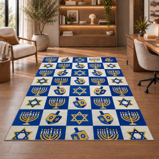 Checkered Hanukkah Rug in a home office with wooden shelves