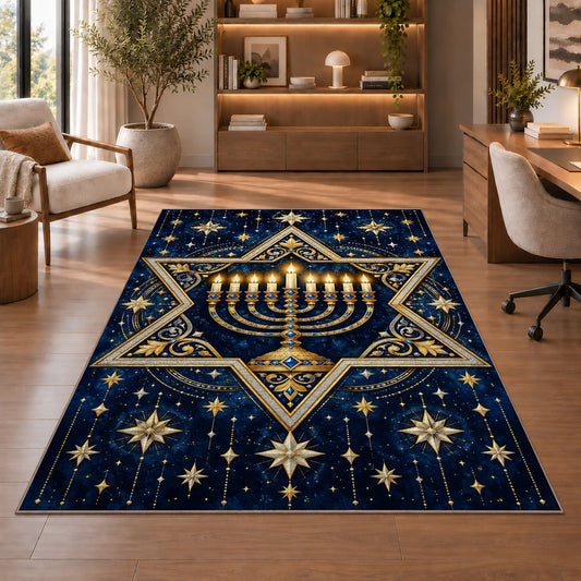 Star of David Menorah Rug in a home office with wooden shelves