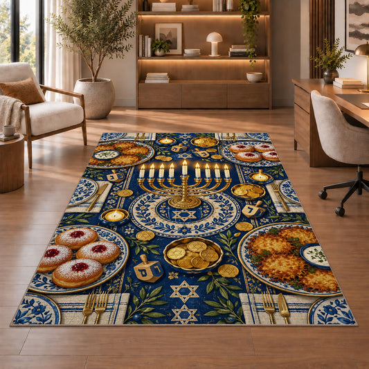 Hanukkah Table Rug in a home office with wooden shelves