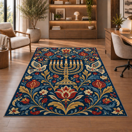 Folk Art Menorah Rug in a home office with wooden shelves