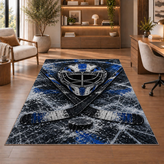 Goalie Mask Crossed Sticks rug in a home office with wooden shelves