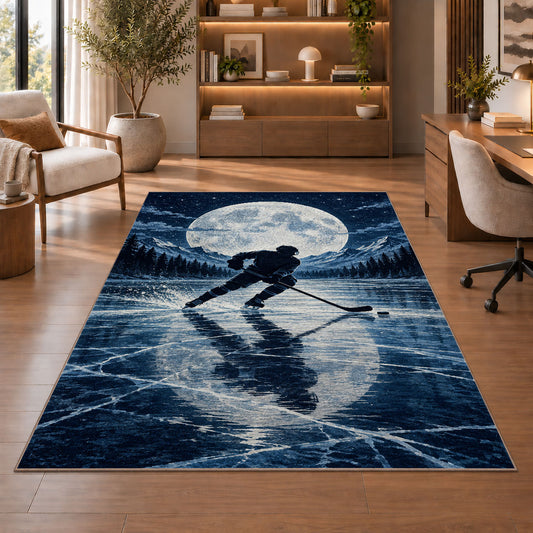 Hockey Player Under the Moon rug in a home office with wooden shelves
