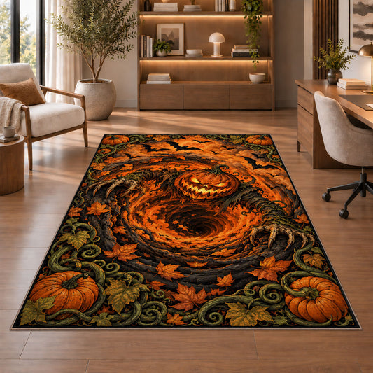 A glowing jack-o-lantern over an orange spiral with pumpkins and curling vines rug in a sitting room