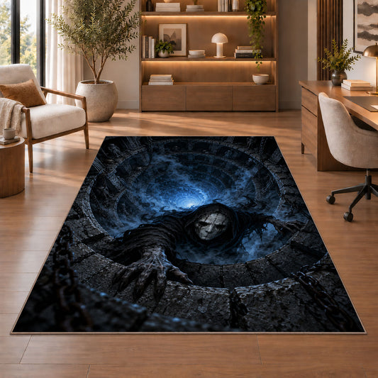 A pale hooded phantom emerging from a blue stone vortex rug in a sitting room
