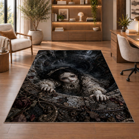 A dark-haired antique doll climbing over a deep circular stone shaft rug in a sitting room