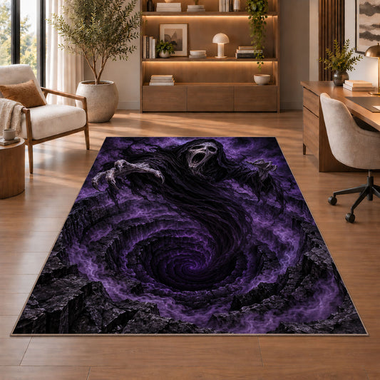 A screaming hooded specter hovering above a purple swirling abyss rug in a sitting room