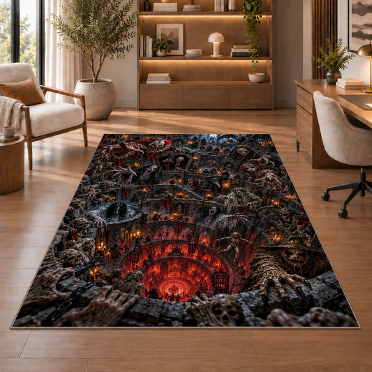 An ensemble of sinister figures framing a fiery descending castle abyss rug in a sitting room