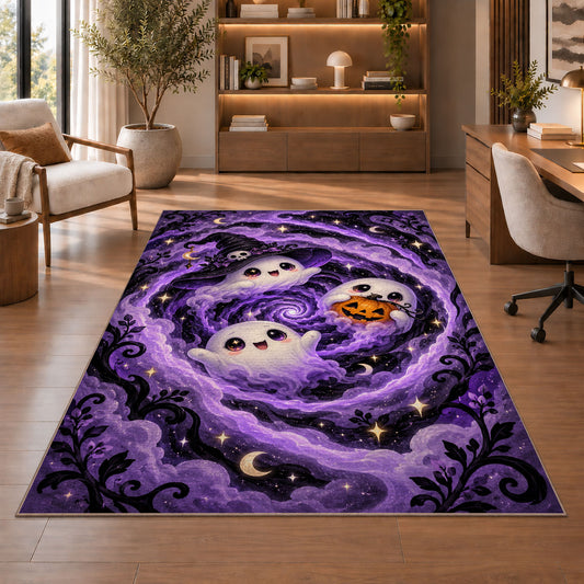 Cute ghost purple swirl area rug in a sitting room with an armchair