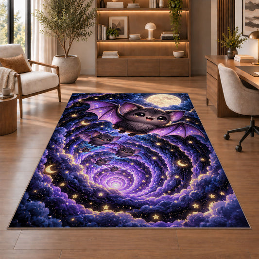 Cute bat full moon galaxy area rug in a sitting room with an armchair