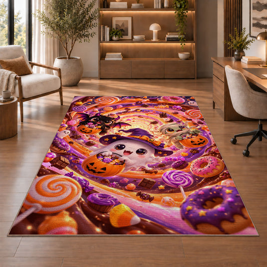 Cute ghost witch candy swirl area rug in a sitting room with an armchair