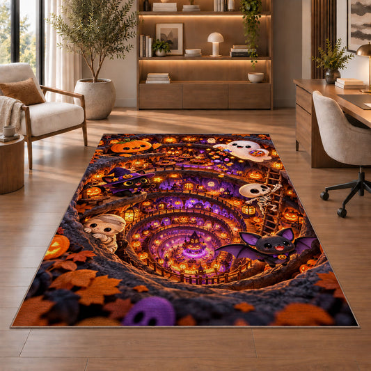 Halloween village underground tunnel area rug in a sitting room with an armchair