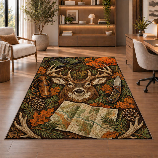 Hunting Gear rug in a home office with wooden shelves