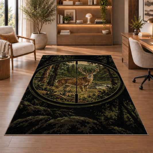 Hunting Scope Buck rug in a home office with wooden shelves