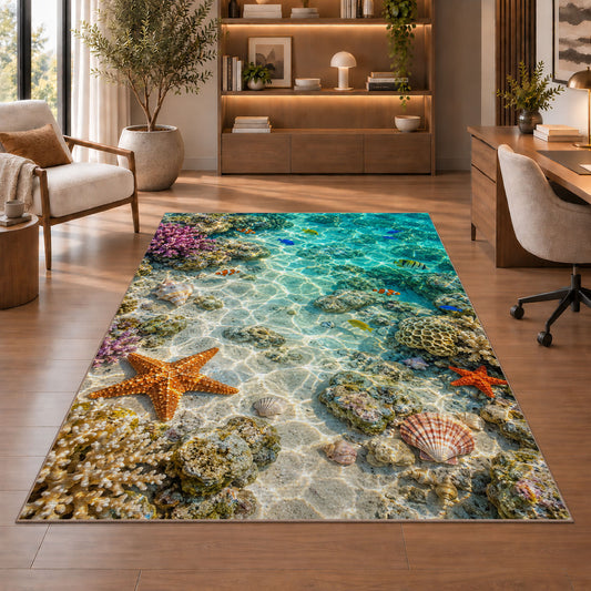 Turquoise Coral Reef Rug, Starfish Ocean Area Carpet for Coastal Bedroom and Kids Room Decor - image 1