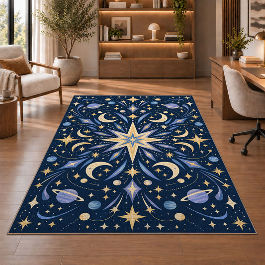Navy Celestial Star Rug, Moon and Gold Star Area Carpet for Kids Bedroom and Dreamy Room Decor - image 1