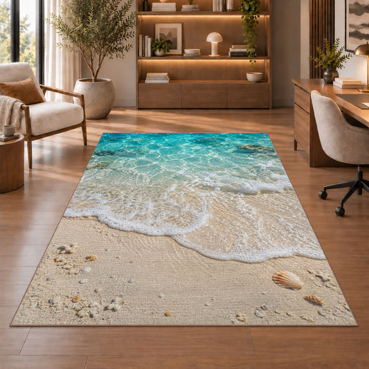 Turquoise Beach Shore Rug, Sandy Ocean Wave Area Carpet for Coastal Bedroom and Living Room Decor - image 1