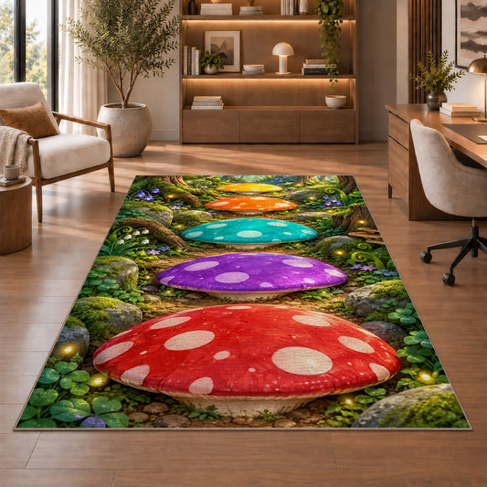 Rainbow Mushroom Forest Rug, Colorful Woodland Area Carpet for Kids Bedroom and Playroom Decor - image 1