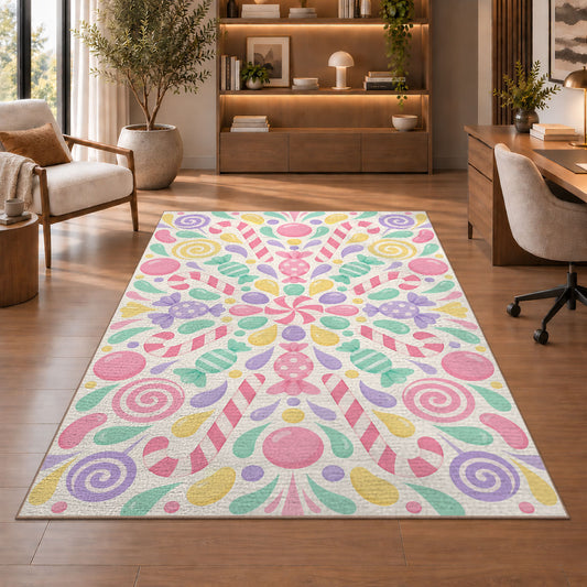 Pastel Floral Mandala Rug, Pink Mint Botanical Area Carpet for Kids Bedroom and Cheerful Decor - image 1