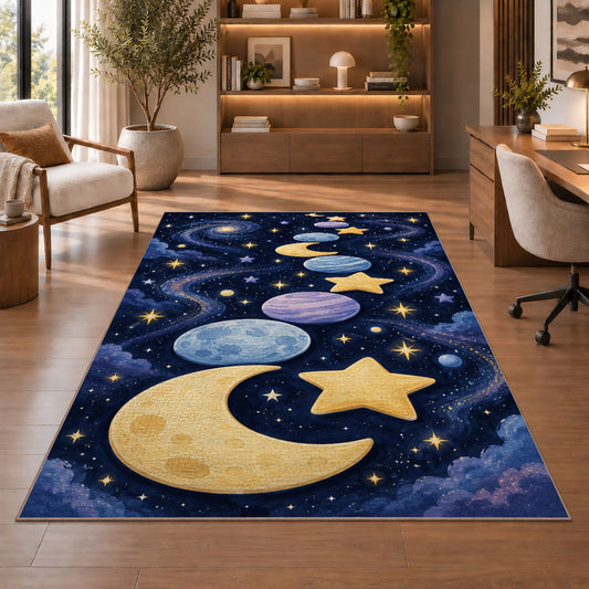 Golden Moon and Planets Rug, Navy Starry Space Area Carpet for Kids Bedroom and Nursery Decor - image 1