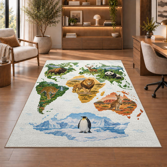 Illustrated Animal World Map Rug, Colorful Geography Area Carpet for Kids Bedroom and Playroom - image 1