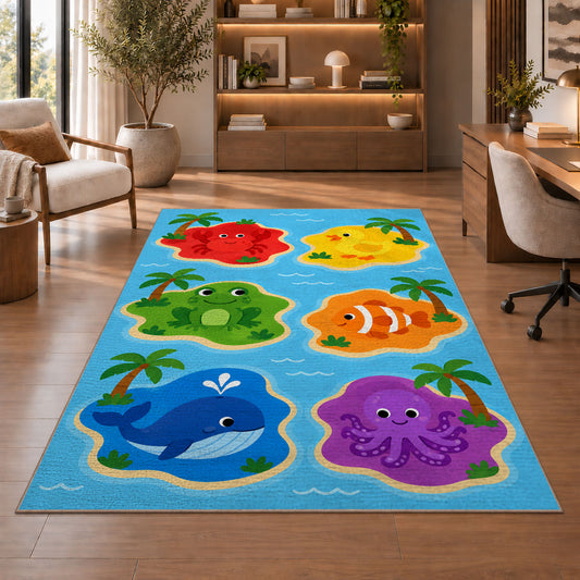 Rainbow Ocean Animals Rug, Blue Sea Life Area Carpet for Kids Bedroom and Colorful Playroom Decor - image 1
