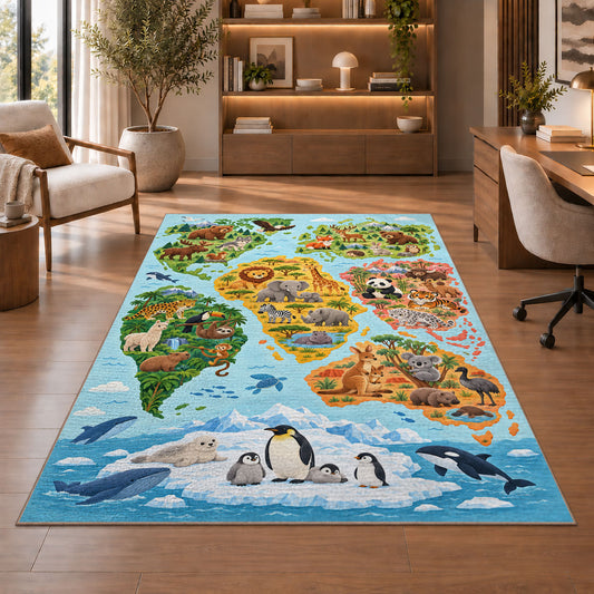 Blue Ocean Animal World Map Rug, Illustrated Geography Area Carpet for Kids Bedroom and Playroom - image 1