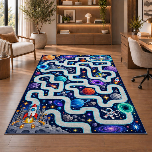Neon Space Road Maze Rug, Colorful Cosmic Area Carpet for Kids Bedroom and Playroom Decor - image 1