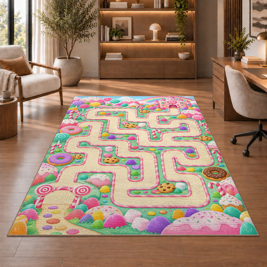 Pastel garden road maze rug, room view 1