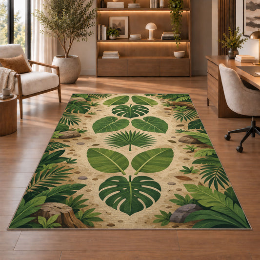 Cream Tropical Leaf Mandala Rug, room view 1