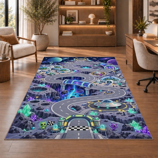Purple Futuristic City Road Rug, room view 1