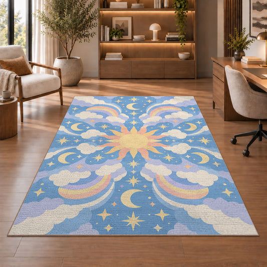 Blue Cream Floral Medallion Rug, room view 1